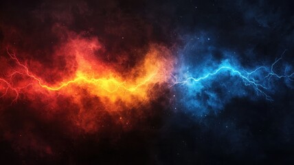 Fiery Red and Icy Blue Cosmic Nebula with Lightning Bolts Abstract Energy Background