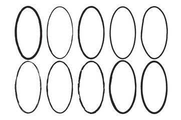 Grunge set of ellipse frames. Oval shapes modern black. Vector hand drawn border collection illustration isolated on white background.