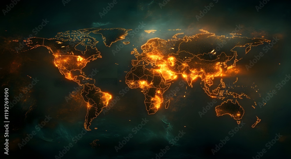 Poster an illuminated map that represents the world's communication network and gives a sense of illuminate