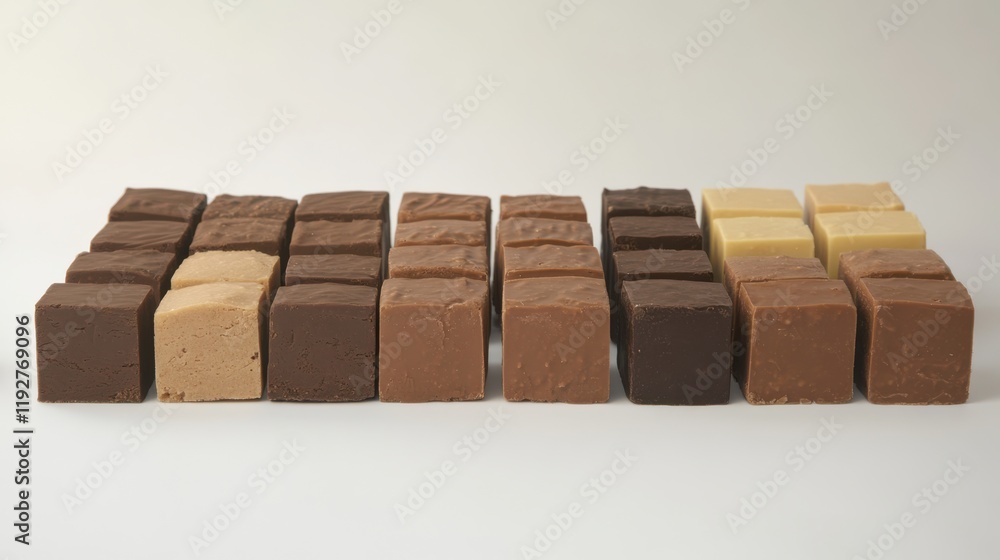 Poster assorted homemade fudge varieties displayed neatly in rows on a clean background for sweet treats an