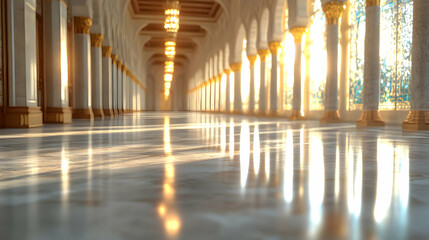 Sunlit Mosque Corridor Marble floor reflects sunlight streaming through stained-glass windows, illuminating a grand hallway with ornate columns. Ideal for architectural, travel, or religious themes