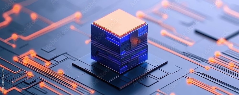 Aufkleber futuristic data cube on advanced circuit board digital technology concept