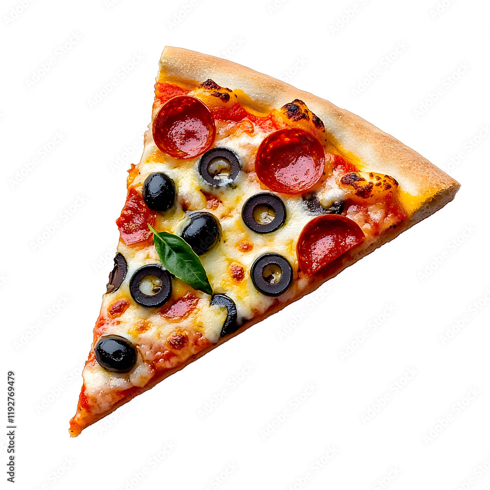 Poster slice of pizza with oliv isolated on transparent background. generative ai