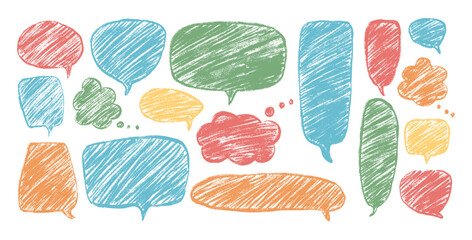 Speech bubbles set. Crayon doodle text frames. Chat dialog boxes. Comic talk clouds by chalk or pencil isolated on white background. Childish style quotation balloon Vector hand drawn illustration.