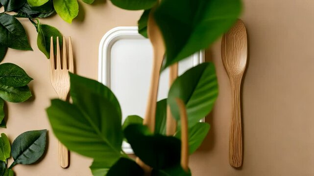 A natural wooden fork and spoon accompany a clean, rectangular compostable container surrounded by green leaves
