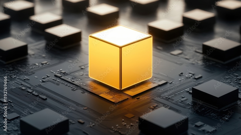 Poster glowing gold cube on advanced technology circuit board futuristic data processing concept