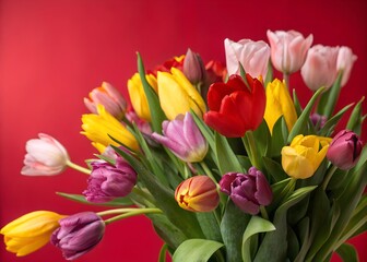 Obraz premium A Vibrant Bouquet of Tulips with a Bold Red Background, Capturing the Essence of Spring's Arrival