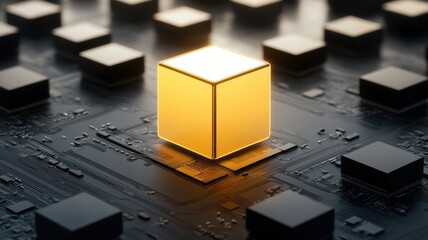 Glowing Gold Cube on Advanced Technology Circuit Board Futuristic Data Processing Concept