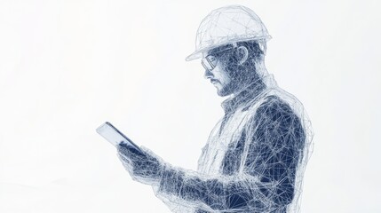 Abstract polygonal isolated engineer in technology style on a white background. Industry safety or architecture concept. Worker in white helmet holding tablet. Low poly wireframe vector illustration.