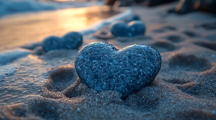 Fototapeta premium Romantic Beach Sunset Blue Heart Stones on Sand