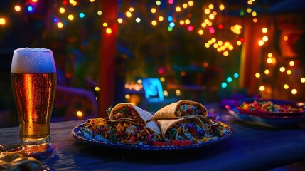 Mexican fiesta table featuring burritos, tacos, and chilled beer with festive decor and lighting