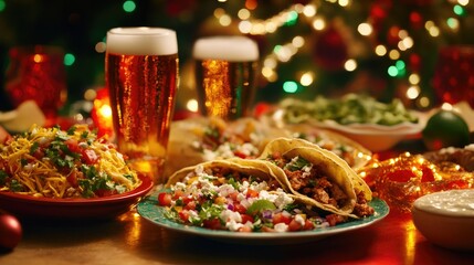 Mexican fiesta table featuring burritos, tacos, and chilled beer with festive decor and lighting