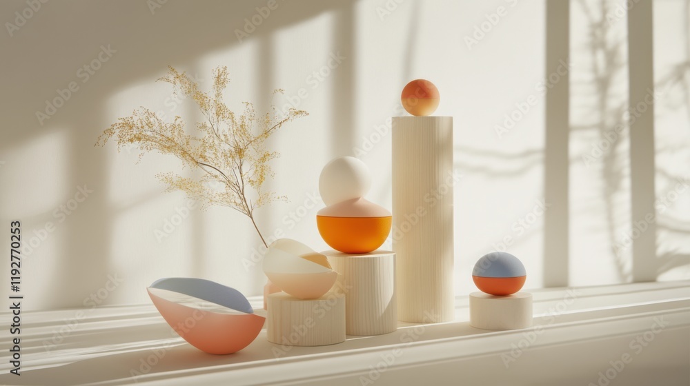 Poster elegant composition of geometric shapes and natural elements in soft pastel tones with subtle shadow