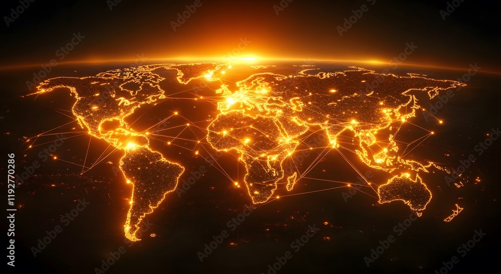 Poster an illuminated map that represents the world's communication network and gives a sense of illuminate