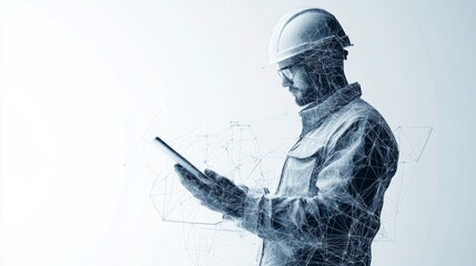 Abstract polygonal isolated engineer in technology style on a white background. Industry safety or architecture concept. Worker in white helmet holding tablet. Low poly wireframe vector illustration.