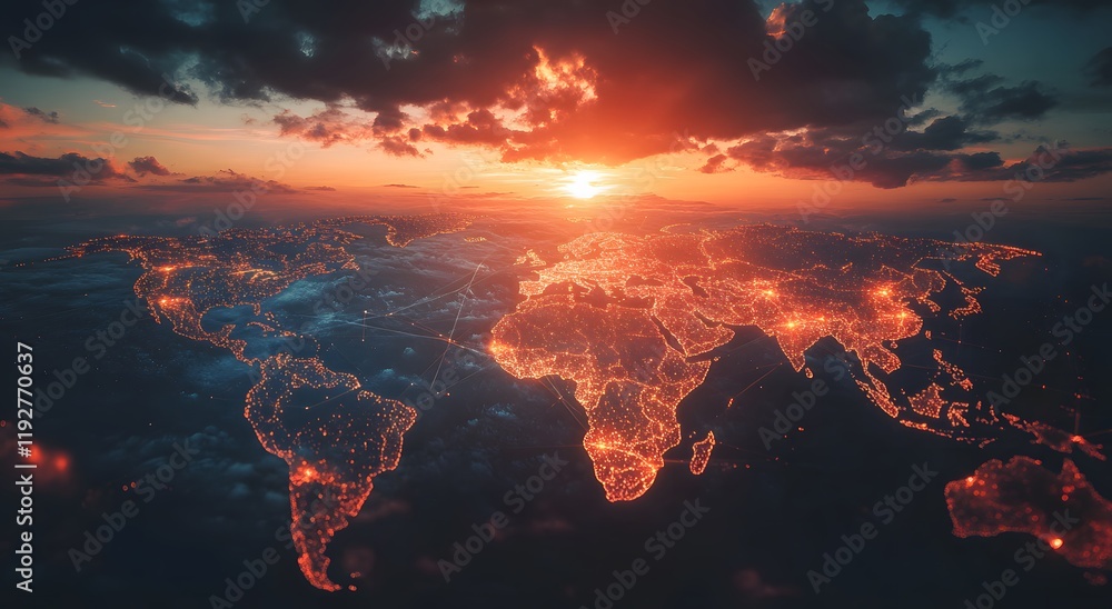 Poster an illuminated map that represents the world's communication network and gives a sense of illuminate