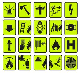 Fire alarm sign. Set of vector fire symbols, emergency exit sign. Fire signs.