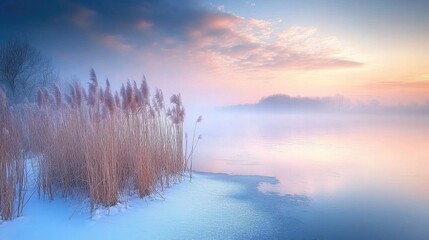 Obraz premium Frost-covered reeds along the edge of a frozen lake at dawn.