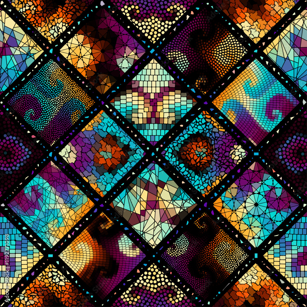 Poster bright abstract mosaic seamless pattern. vector background. endless texture. ceramic tile fragments.