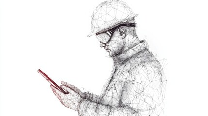 Abstract polygonal isolated engineer in technology style on a white background. Industry safety or architecture concept. Worker in white helmet holding tablet. Low poly wireframe vector illustration.