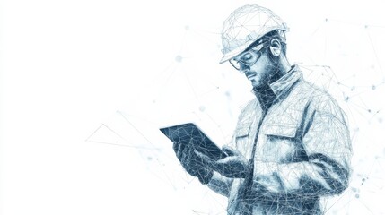 Abstract polygonal isolated engineer in technology style on a white background. Industry safety or architecture concept. Worker in white helmet holding tablet. Low poly wireframe vector illustration.