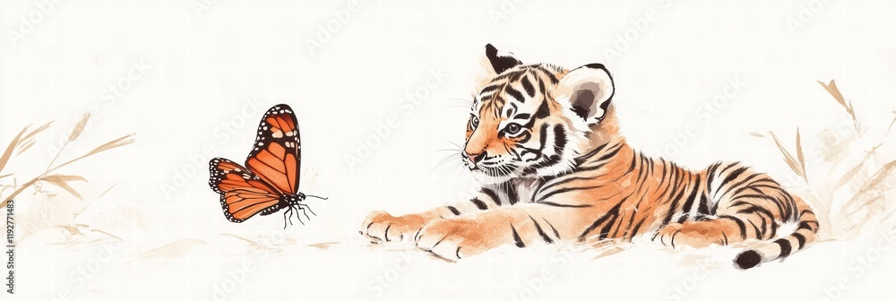 Poster illustration of a playful tiger cub watching a butterfly in a tranquil natural setting. generative a