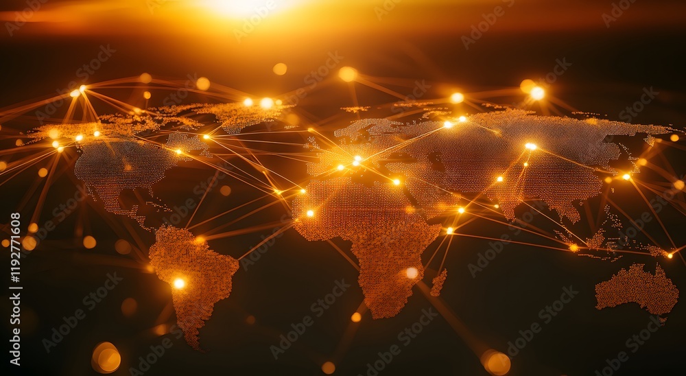 Poster an illuminated map that represents the world's communication network and gives a sense of illuminate