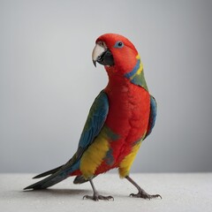 Obraz premium A scarlet parrot with a rose tucked under its wing, standing proudly against a pristine white surface.