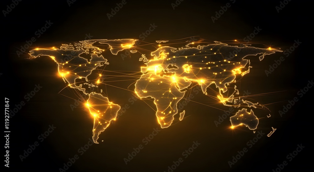 Poster an illuminated map that represents the world's communication network and gives a sense of illuminate