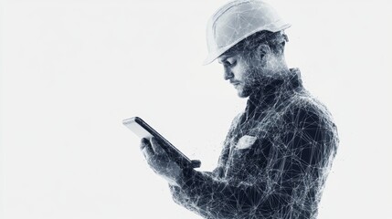 Abstract polygonal isolated engineer in technology style on a white background. Industry safety or architecture concept. Worker in white helmet holding tablet. Low poly wireframe vector illustration.