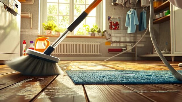 Cleaning a wet wooden floor with a scrub brush and cleaning supplies.