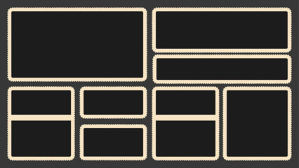 Scallop edged frame template. Bento collage grid shapes. Geometry modular moodboard borders with perforation. Label textboxes Lace frill pack. Trendy blocks blank layout. Vector flat illustration.