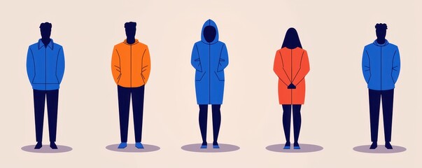 Fototapeta premium Diverse Group of People in Coats Standing Individually Social Distancing Illustration