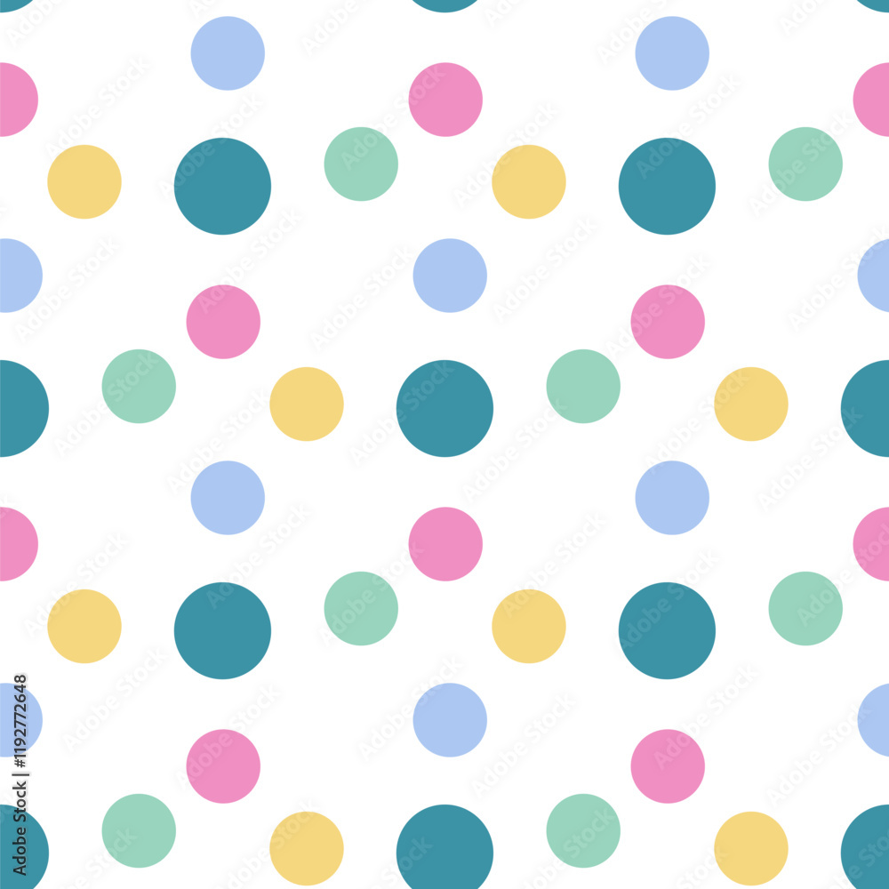 Poster polka dots seamless pattern. circle confetti endless background. birthday round elements repeat cove