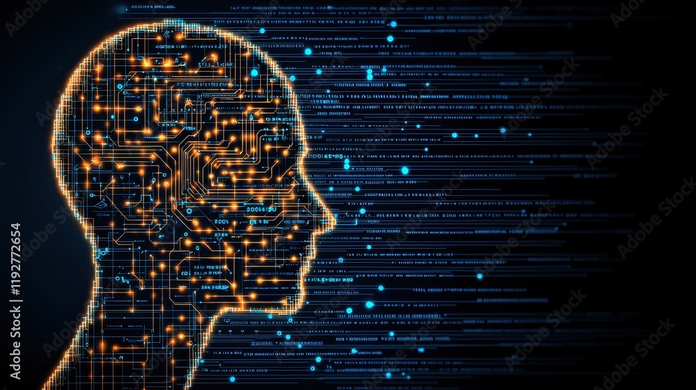 Poster digital brain circuitry artificial intelligence concept abstract head technology background