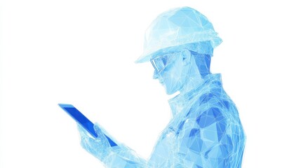 Abstract polygonal isolated engineer in technology style on a white background. Industry safety or architecture concept. Worker in white helmet holding tablet. Low poly wireframe vector illustration.