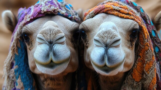 Desert Camels Smiling, Headshot, Close-up, Travel