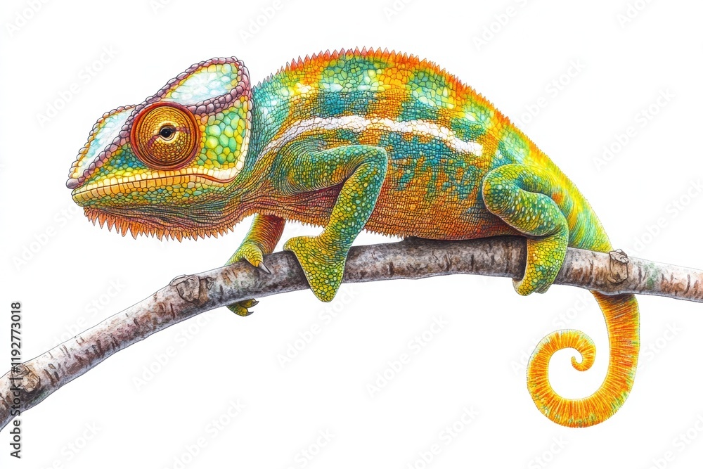 Fototapete colorful chameleon perched on a branch with vibrant scales and intricate patterns. generative ai