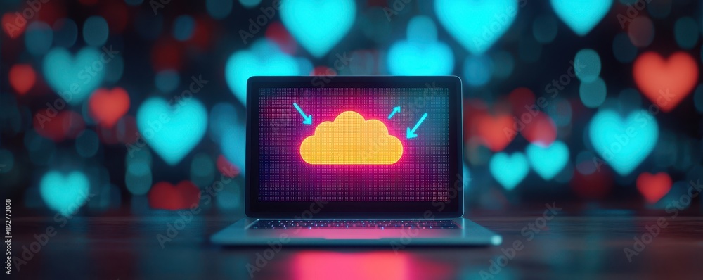 Poster laptop displaying cloud data transfer with neon heart bokeh background