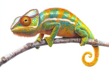 Obraz premium Colorful chameleon perched on a branch with vibrant scales and intricate patterns. Generative AI