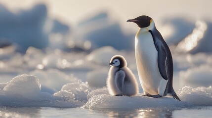 Obraz premium Mother Penguin Standing Proudly with Her Chick on Icy Terrain