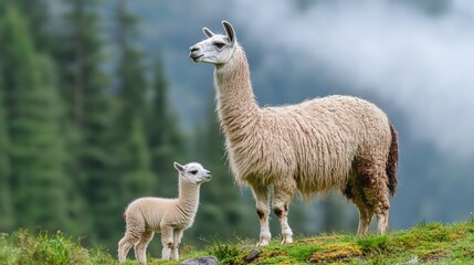 Fototapeta premium Mother Llama Standing Proudly with Her Baby in Natural Setting