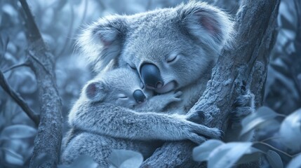 Koala Mother Cradling Baby in Tree Crook in Soft Blue Tones
