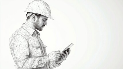 Abstract polygonal isolated engineer in technology style on a white background. Industry safety or architecture concept. Worker in white helmet holding tablet. Low poly wireframe vector illustration.
