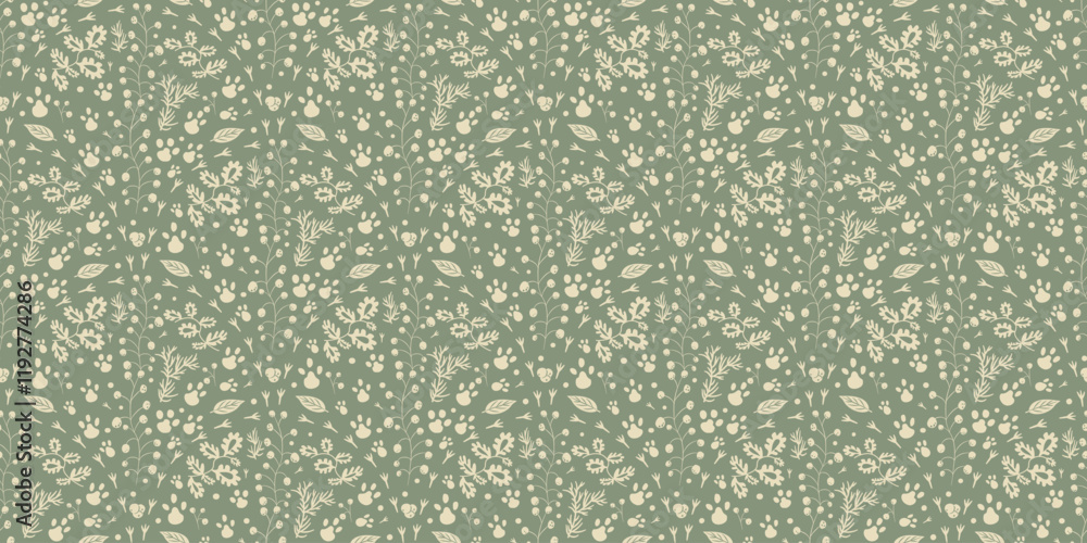Poster woodland seamless pattern. forest simple endless background. green repeat cover. surface pattern des
