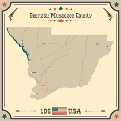 Large and accurate map of Muscogee County, Georgia, USA with vintage colors.
