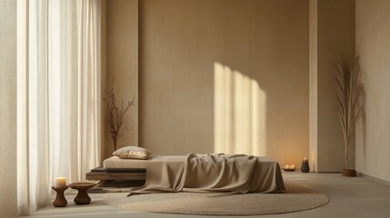 Massage bed with beige linens in a modern wellness space, candles nearby.