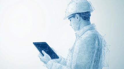 Abstract polygonal isolated engineer in technology style on a white background. Industry safety or architecture concept. Worker in white helmet holding tablet. Low poly wireframe vector illustration.