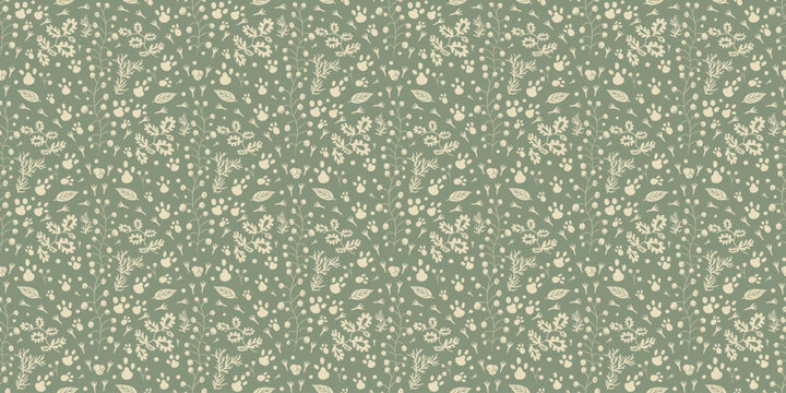 Fototapeta Woodland seamless pattern. Forest simple endless background. Green repeat cover. Surface pattern design cabincore motif. Vector hand drawn illustration.