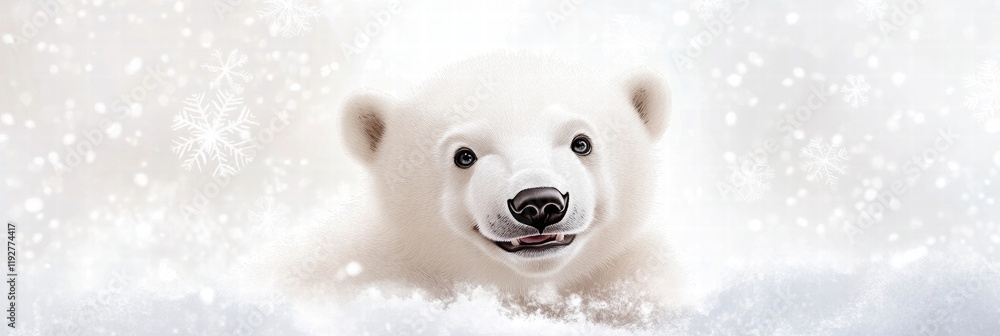 Aufkleber charming polar bear cub plays in a snowy winter wonderland with a joyful expression. generative ai
